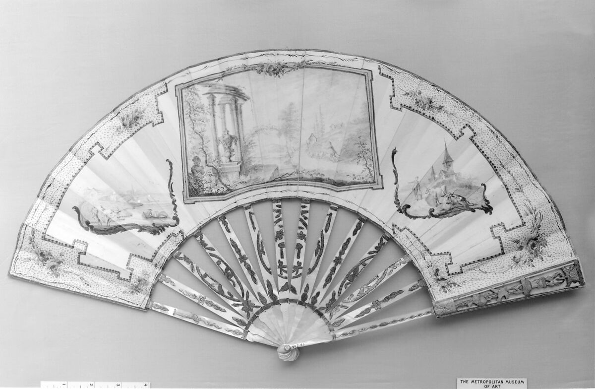 Mourning fan, Kid, India ink, mother-of-pearl, silver, possibly German 