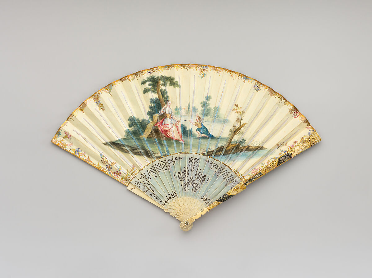 Fan, Kid, paint, ivory, gilt, lacquer, Netherlandish or German