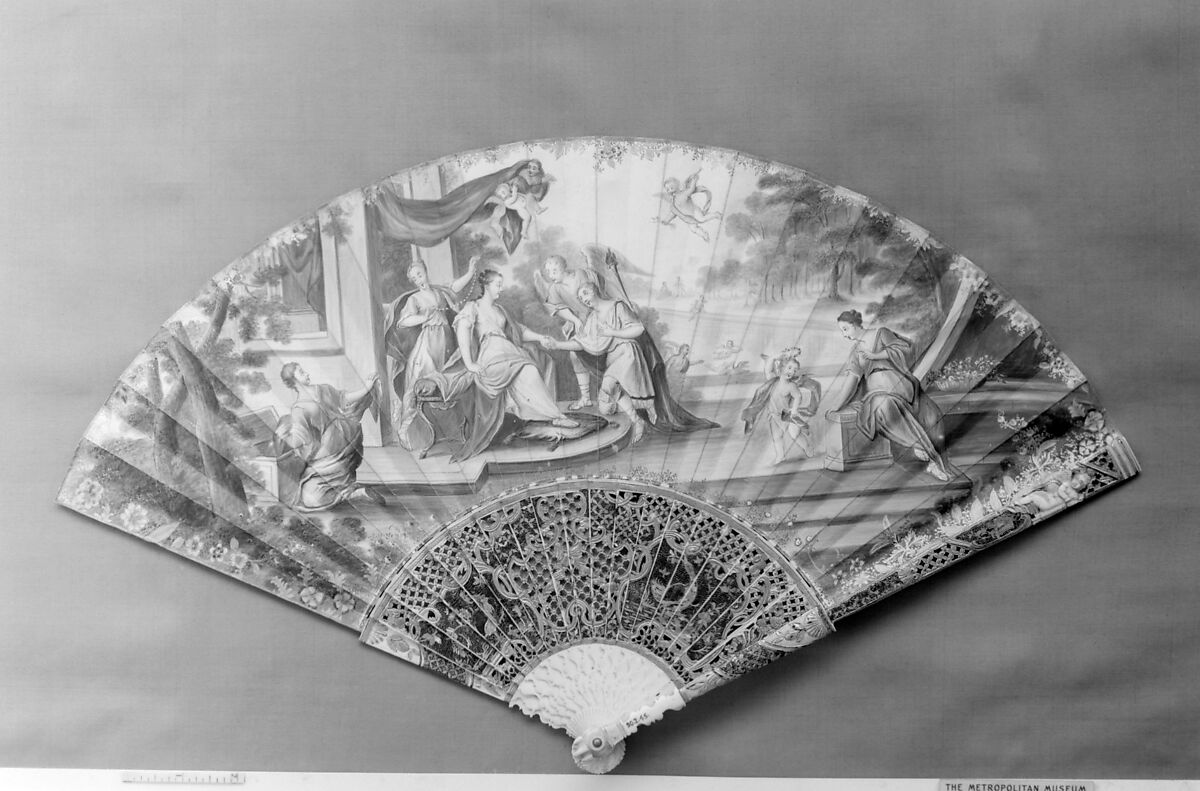 Fan, Kid, paint, ivory, gilt, lacquer, Netherlandish or German 