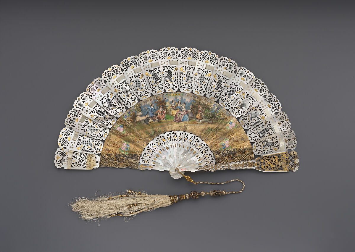 Fan, Paper, mother-of-pearl, gold, brilliants, silk, Spanish or French