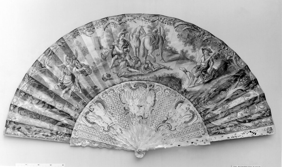 Fan, Parchment, paint, mother-of-pearl, gold, precious stones, possibly German 