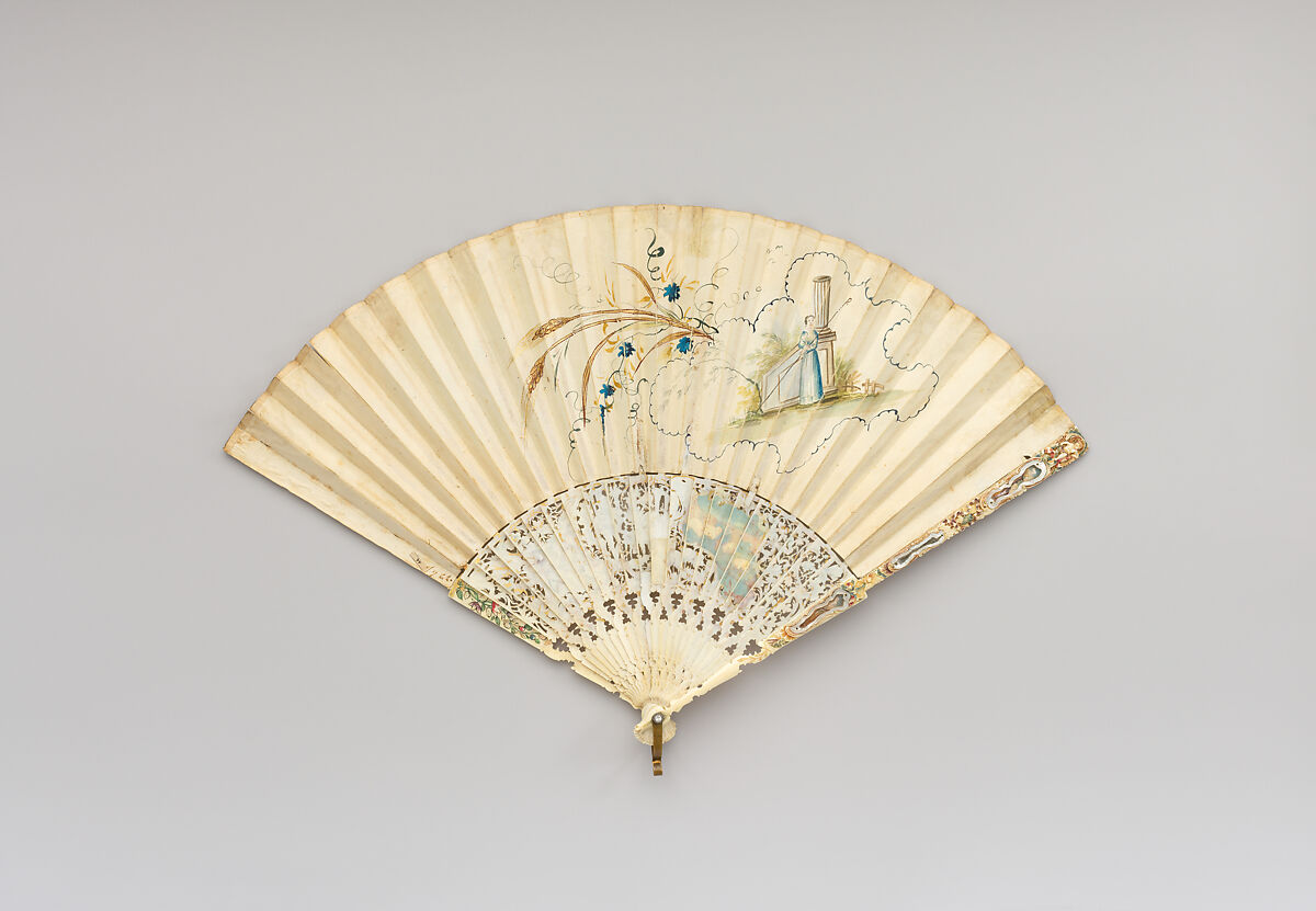 Fan, Kid, paint, ivory, gilt, Netherlandish or Dutch