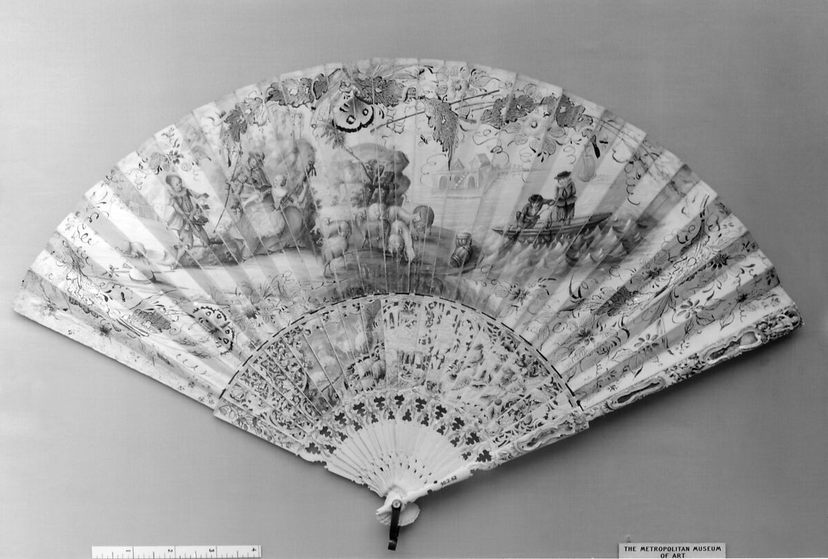 Fan, Kid, paint, ivory, gilt, Netherlandish or Dutch 