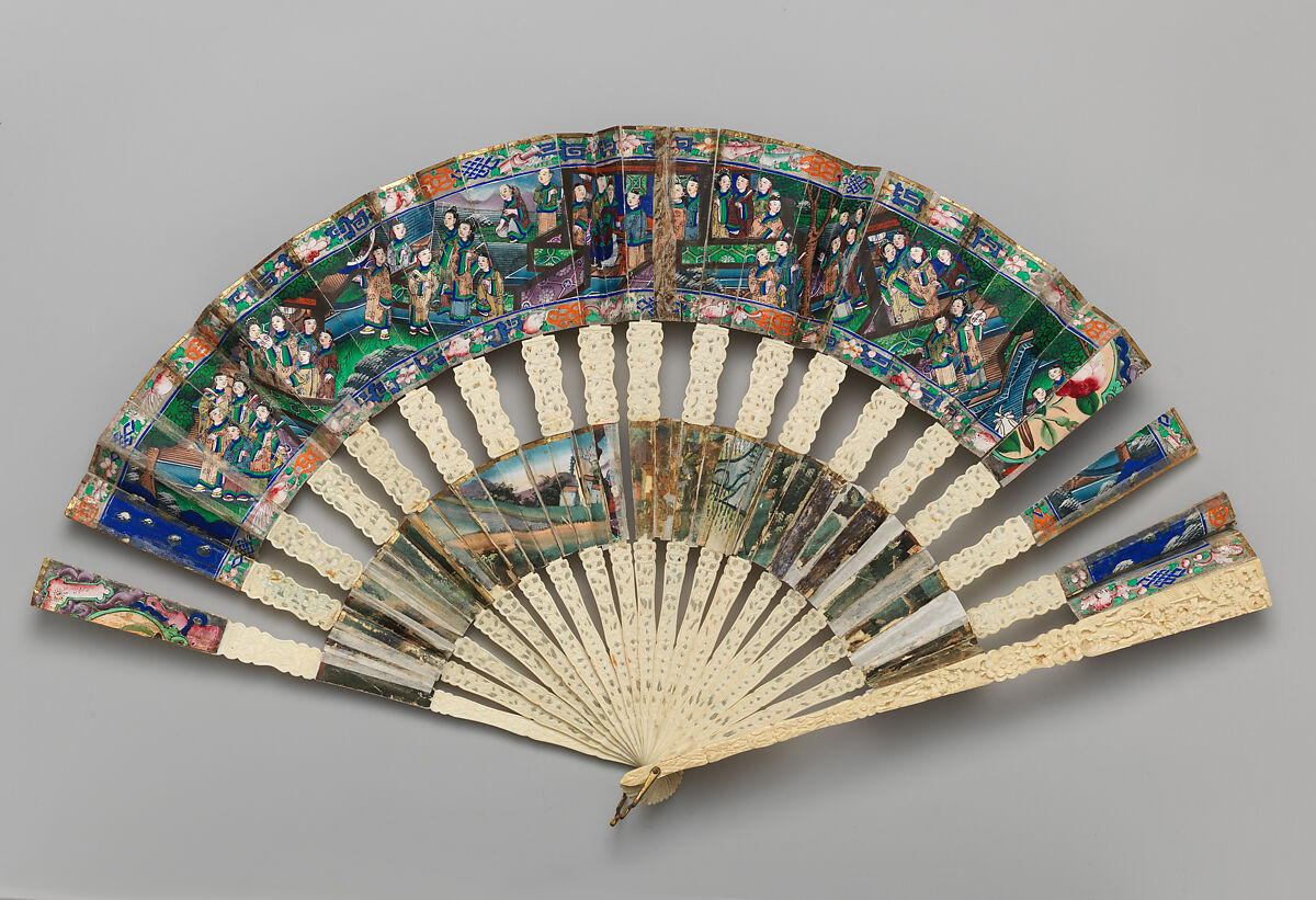 Folding Cabriolet Fan with Scene of Figures in a Courtyard Garden, Paper, ivory, Chinese, for the European Market 