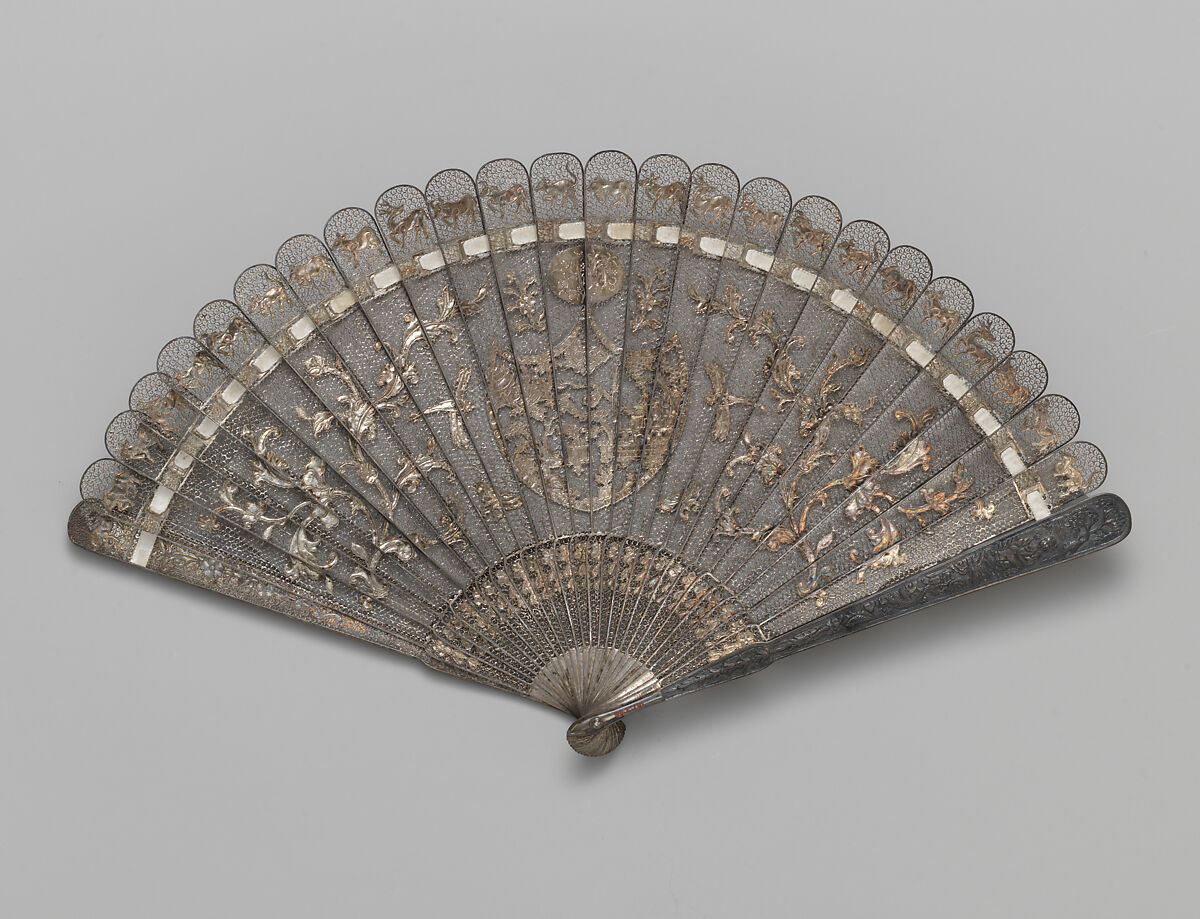 Brisé Fan with Representation of Pavilions in a Landscape, Silver, Chinese, for the European Market 