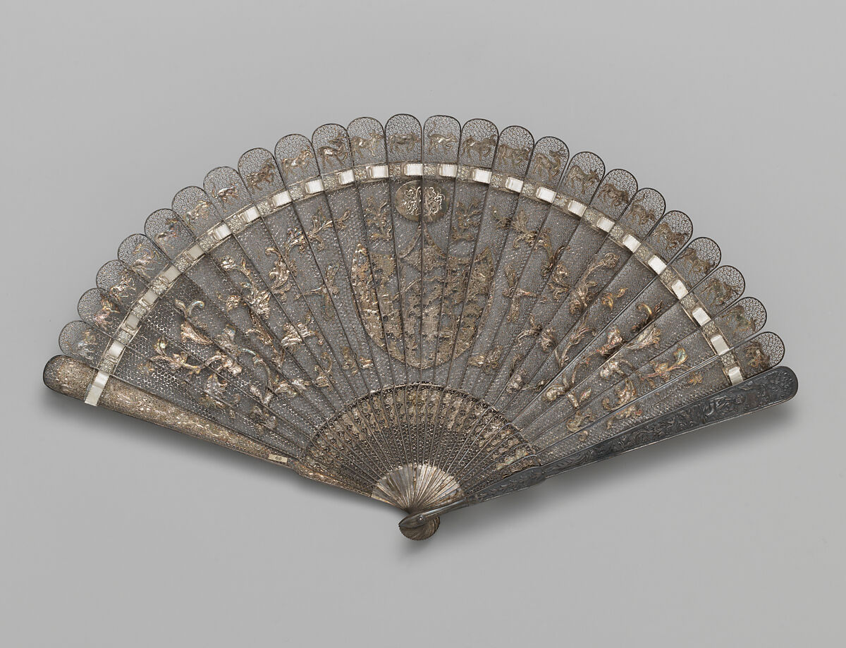 Brisé Fan with Representation of Pavilions in a Landscape, Silver, Chinese, for the European Market