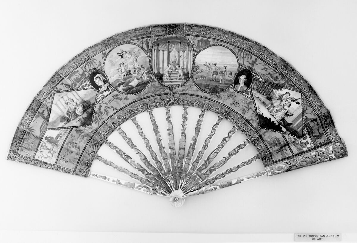 Wedding (or betrothal) fan, Paper, paint, mother-of-pearl, gold and silver leaf, possibly German 