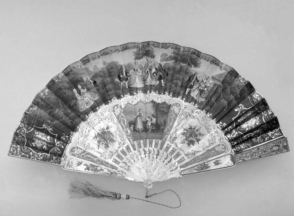 Fan, Mother-of-pearl, paper, metal, glass, gold and silver, French 