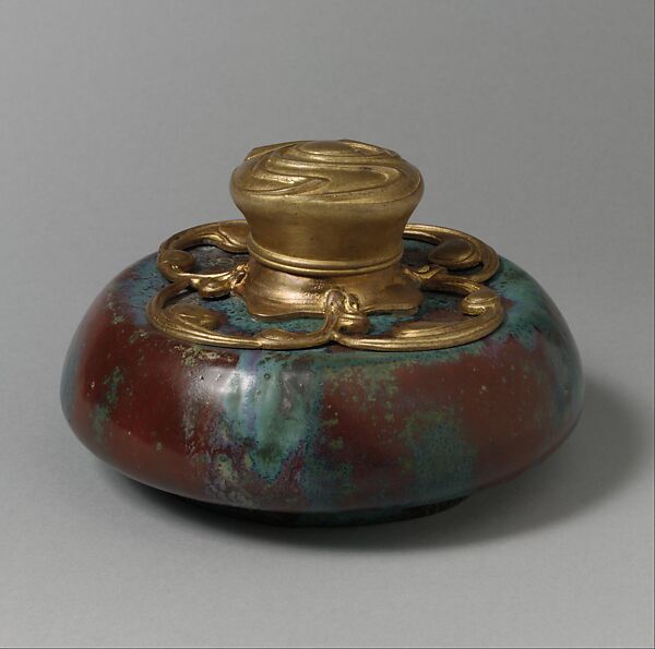 Inkwell, Pierre-Adrien Dalpayrat (French, Limoges 1844–1910 Limoges), Glazed earthenware, gilt bronze, French, Bourg-la-Reine 