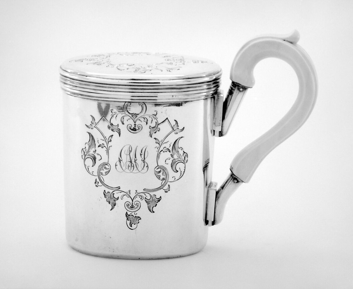 Shaving cup with cover and handle; soap dish (part of a set), Johann Bernhard Hertz (Hentz) (master 1834–1855), Silver; silver, ivory, Russian, St. Petersburg 