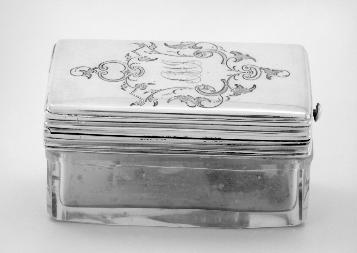 Crystal box with hinged cover (part of a set), Johann Bernhard Hertz (Hentz) (master 1834–1855), Silver, crystal, leather, Russian, St. Petersburg 