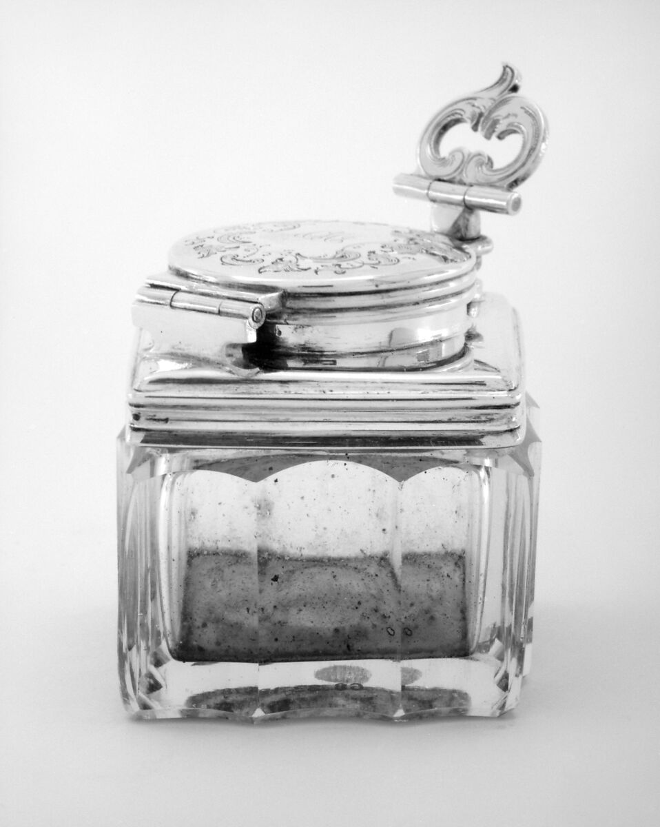 Ink bottle (part of a set), Silver, crystal, cork, Russian, St. Petersburg 