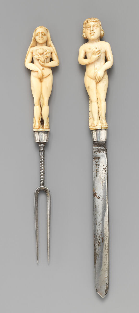 Wedding knife, fork and sheath, Ephraim How (British, 1652–1720), Ivory, steel, silver, aggregate inlay, British or Dutch