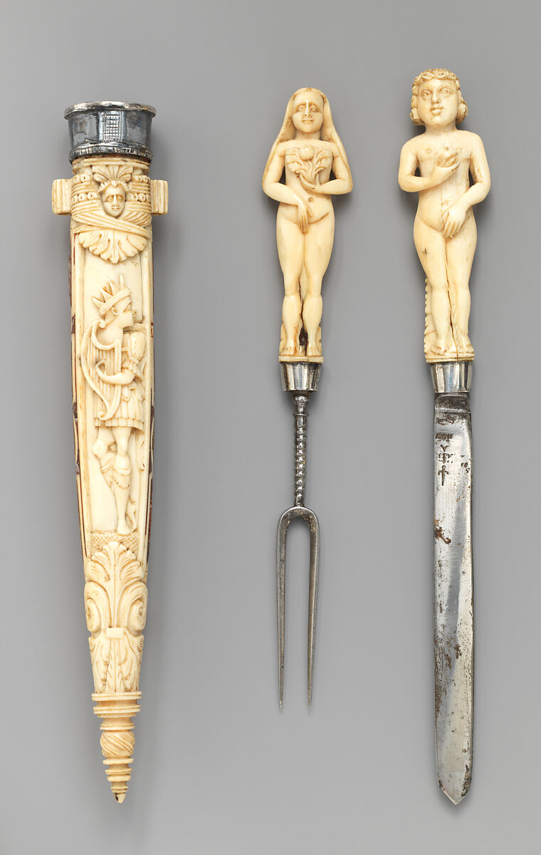 Wedding knife, fork and sheath, Ephraim How (British, 1652–1720), Ivory, steel, silver, aggregate inlay, British or Dutch