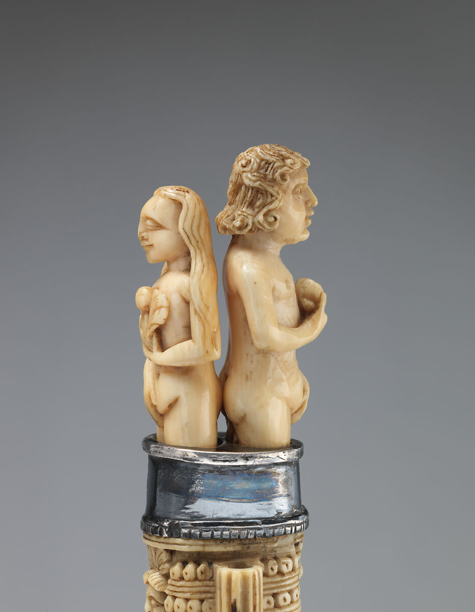 Wedding knife, fork and sheath, Ephraim How (British, 1652–1720), Ivory, steel, silver, aggregate inlay, British or Dutch