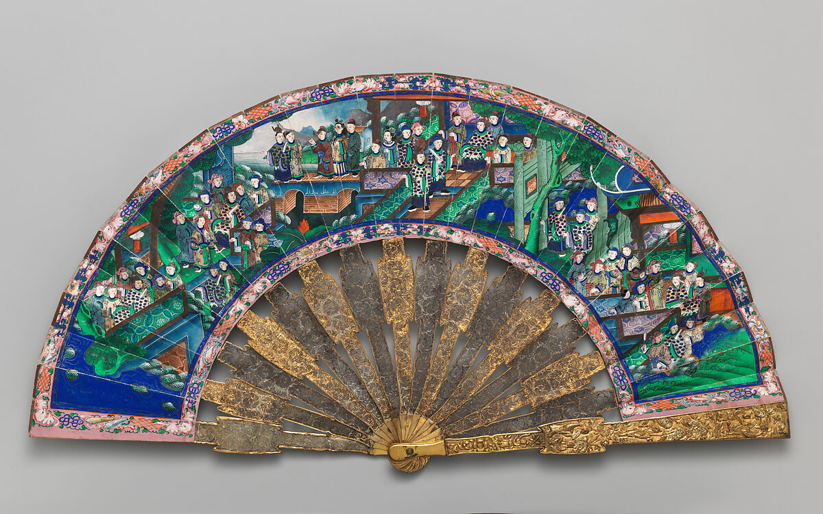 Folding Fan with Scene of Figures in a Courtyard Garden, Paper, ivory, metal, Chinese, for the European Market 
