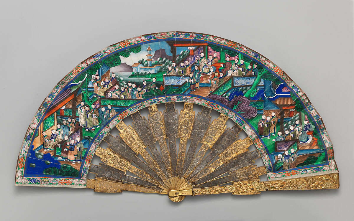 Folding Fan with Scene of Figures in a Courtyard Garden, Paper, ivory, metal, Chinese, for the European Market