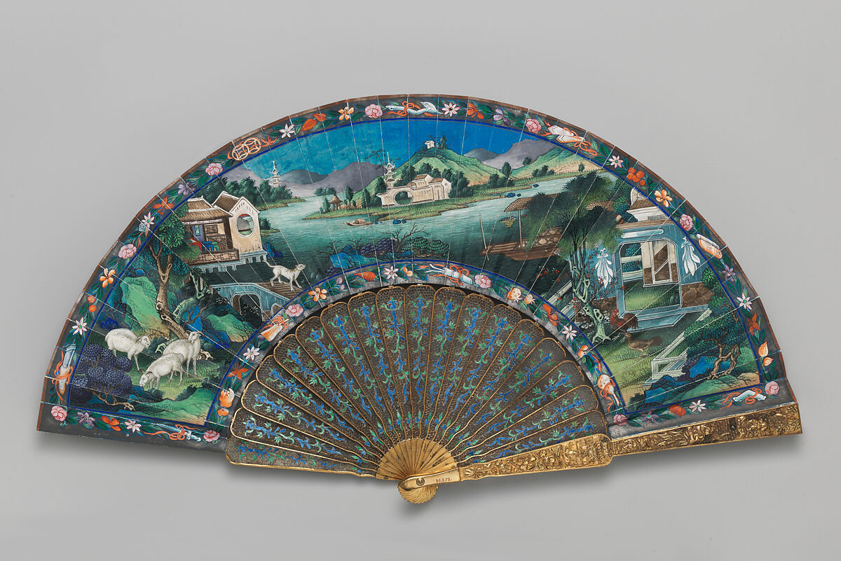 Folding Fan with Landscape Scene, Paper, gold, silver, enamel, Chinese, for the European Market 