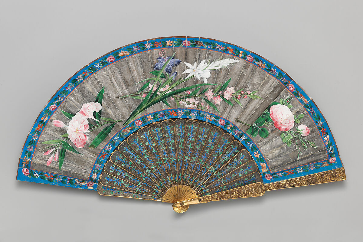 Folding Fan with Landscape Scene, Paper, gold, silver, enamel, Chinese, for the European Market