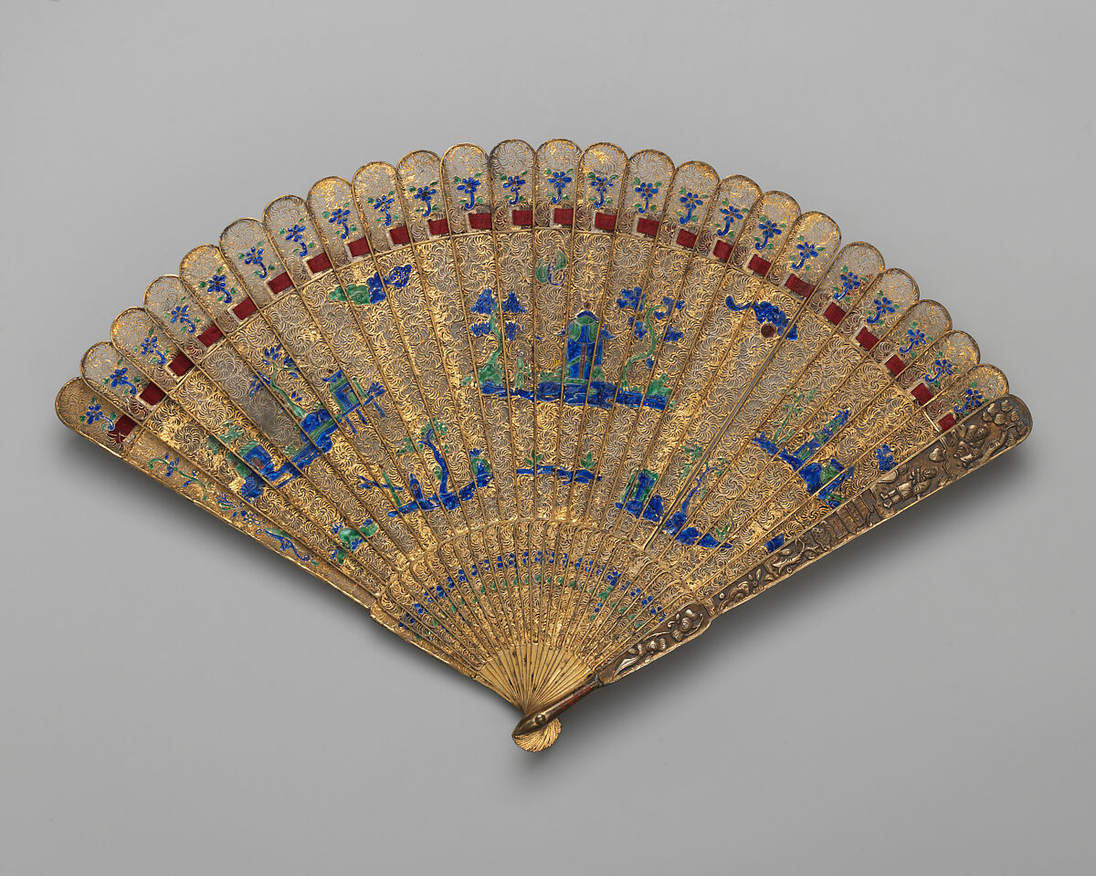 Brisé Fan, with Clouds of Landscape Pavilions, Bronze, enamel, silver-gilt, Chinese, for the European Market 