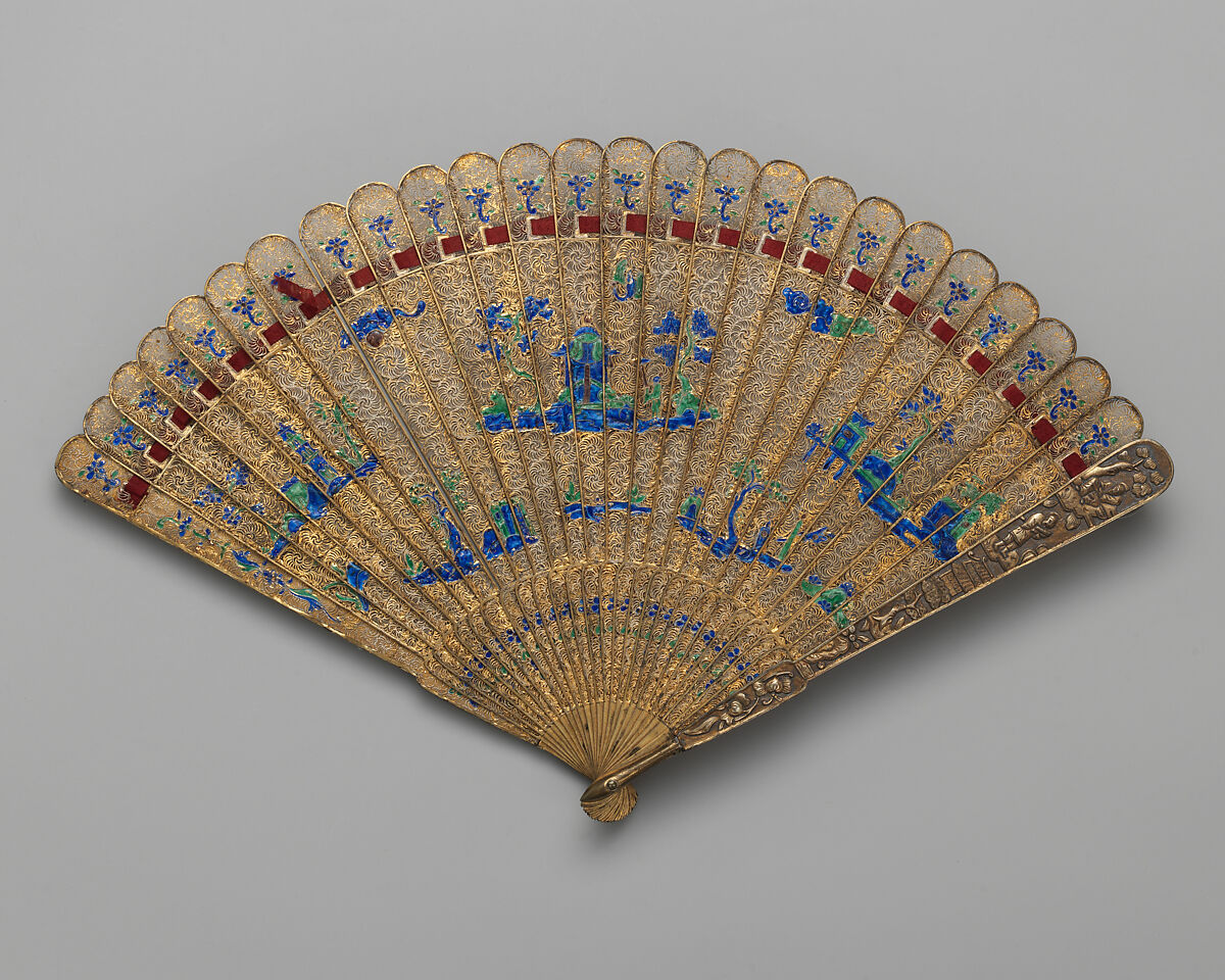 Brisé Fan, with Clouds of Landscape Pavilions, Bronze, enamel, silver-gilt, Chinese, for the European Market