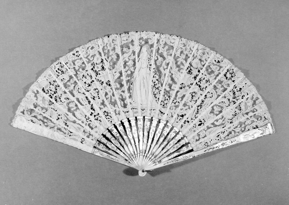 Fan, Needle lace, Brussels needle lace, Point de Gaze, linen, mother-of-pearl, ivory, metal, French 