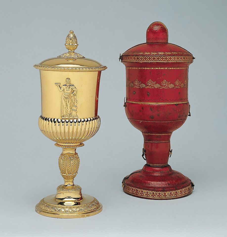 Cup with cover with a leather case, Franz Hubert Doreck (master in 1822–died ca. 1866), Silver gilt, leather, German, Mannheim 