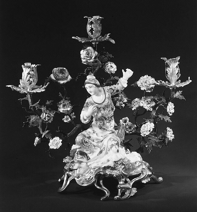 Figure mounted as a candelabrum (one of a pair), Saint-Cloud factory (French, mid-1690s–1766), Soft-paste porcelain decorated in polychrome enamels, gold; gilt bronze mounts, French, Saint-Cloud