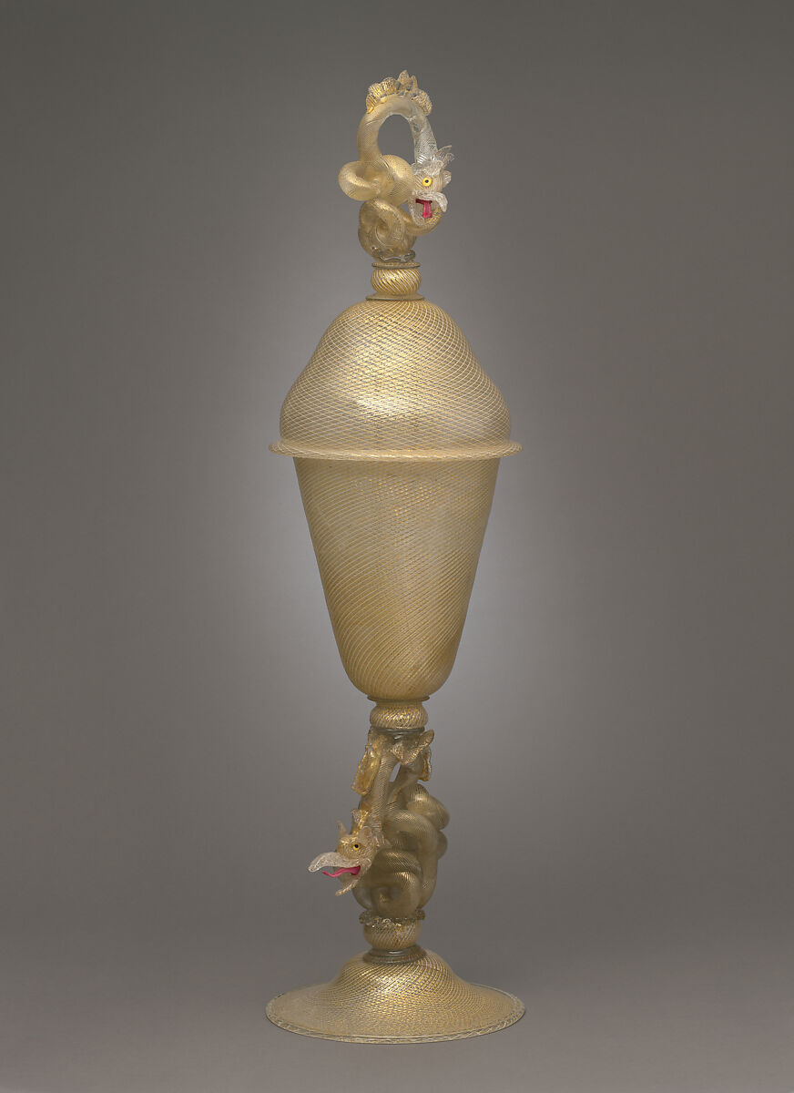 Covered Goblet, Salviati and Co. (Italian, 1859–1987), Gilded reticello glass, Italian, Venice (Murano) 