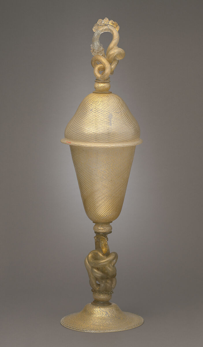 Covered Goblet, Salviati and Co. (Italian, 1859–1987), Gilded reticello glass, Italian, Venice (Murano)