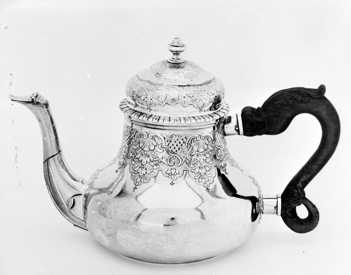 Teapot, Andreas Braun (1697–1787, master 1725), Silver, wood, Swiss, Basel 