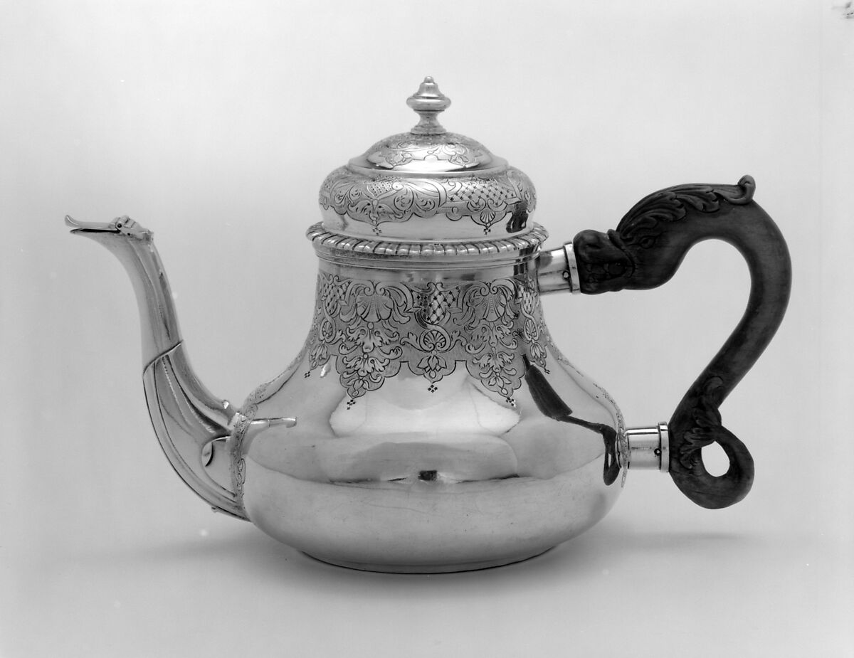 Teapot, Andreas Braun (1697–1787, master 1725), Silver, wood, Swiss, Basel