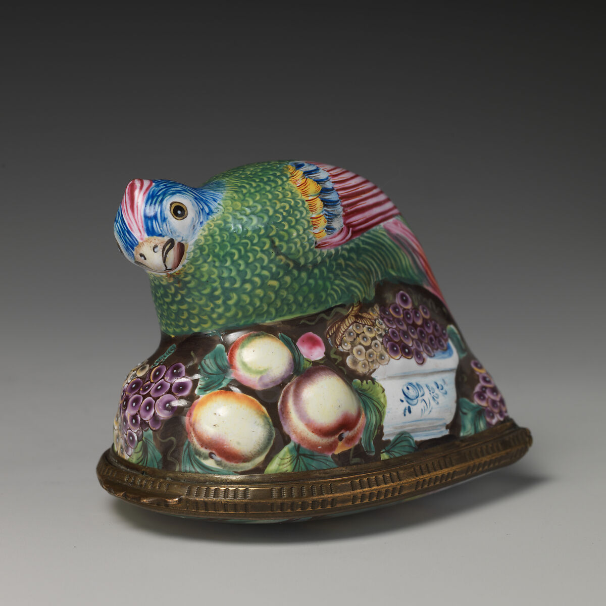 Bonbonnière in the form of a bird (parrot), parrot and fruit on base possibly after Robert Hancock (British, Burslem 1730–1817 Bristol), Enameled copper, British, possibly South Staffordshire