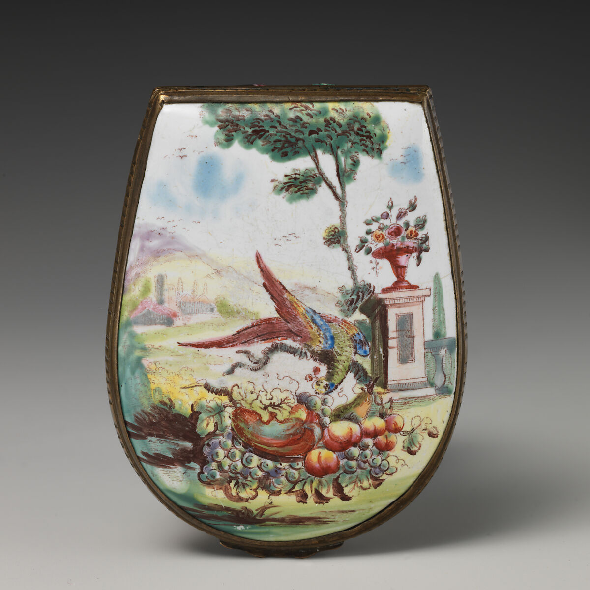 Bonbonnière in the form of a bird (parrot), parrot and fruit on base possibly after Robert Hancock (British, Burslem 1730–1817 Bristol), Enameled copper, British, possibly South Staffordshire