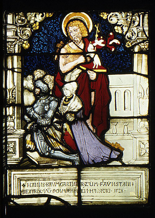 St. John the Baptist standing behind donor, Hanns Baumgartner, and his family (one of a pair), Painted by Hans Wertinger (German, Landschut ca. 1465–1533 Landshut), Stained glass, German 