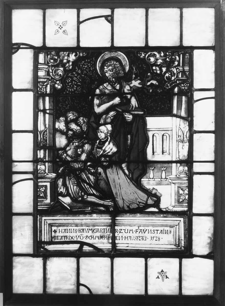 St. John the Baptist standing behind donor, Hanns Baumgartner, and his family (one of a pair), Painted by Hans Wertinger (German, Landschut ca. 1465–1533 Landshut), Stained glass, German