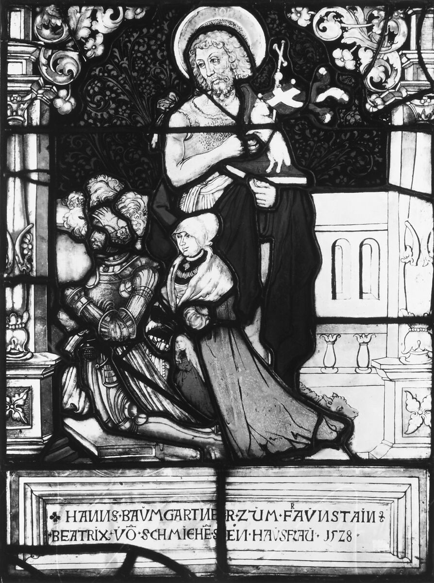 St. John the Baptist standing behind donor, Hanns Baumgartner, and his family (one of a pair), Painted by Hans Wertinger (German, Landschut ca. 1465–1533 Landshut), Stained glass, German
