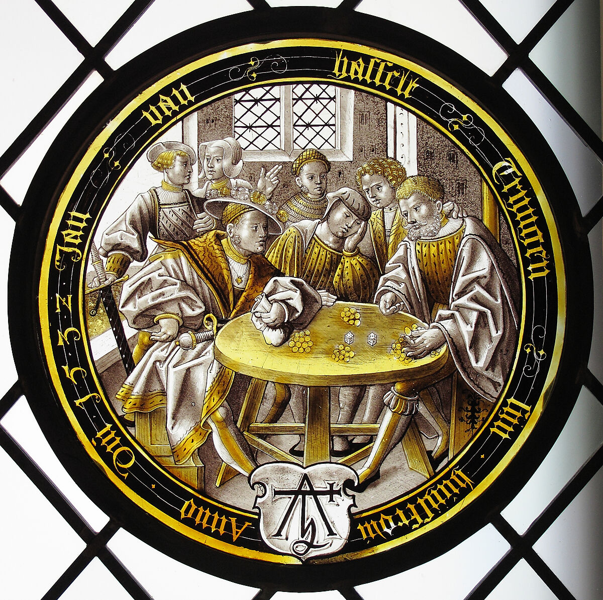 The Prodigal Gambles (one of eight scenes from the story of the Prodigal Son), Colorless glass, vitreous paint and silver stain, German