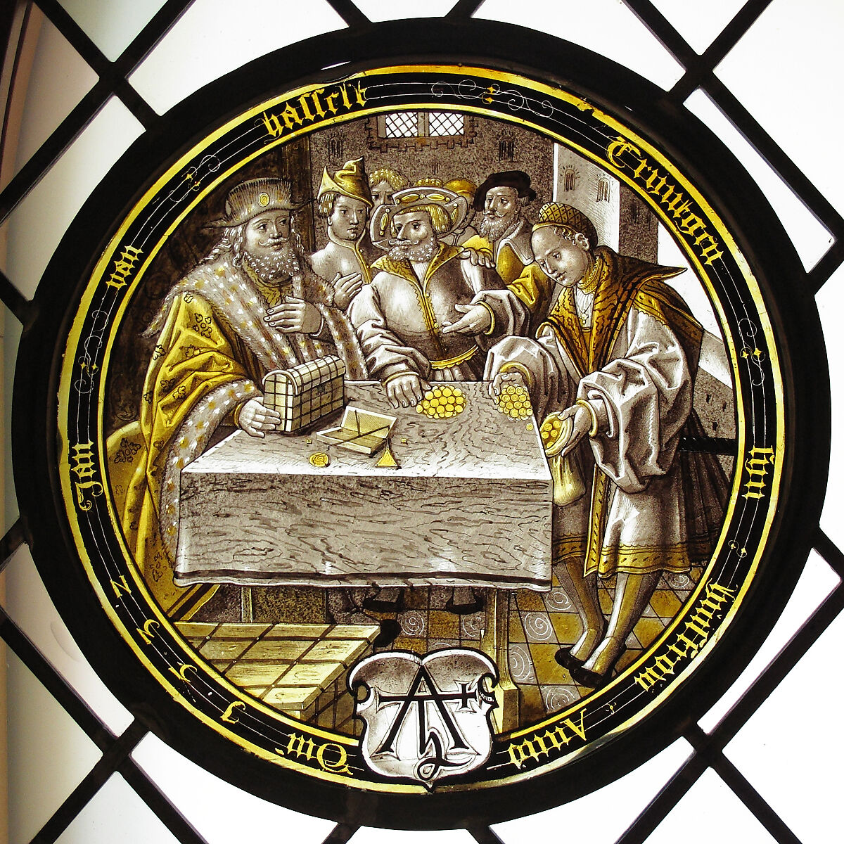 The Prodigal Receives His Share (one of eight scenes from the story of the Prodigal Son), Colorless glass, vitreous paint and silver stain, German