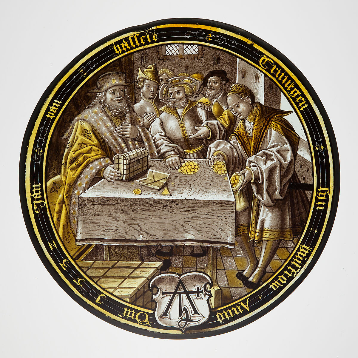 The Prodigal Receives His Share (one of eight scenes from the story of the Prodigal Son), Colorless glass, vitreous paint and silver stain, German 