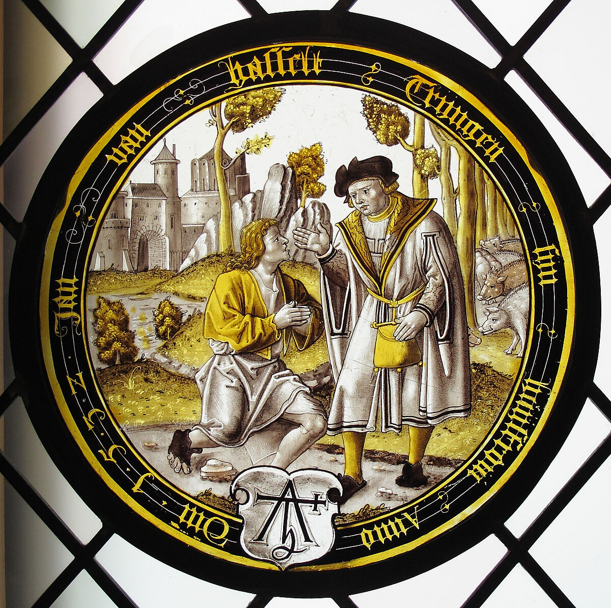 The Prodigal Seeks Work (one of eight scenes from the story of the Prodigal Son), Colorless glass, vitreous paint and silver stain, German
