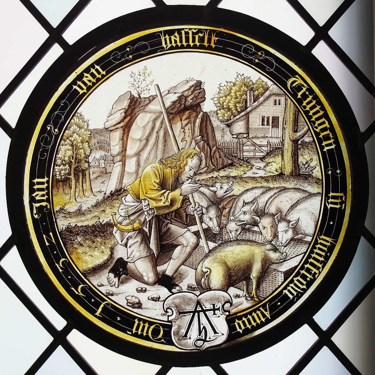 The Prodigal as a Swineherd (one of eight scenes from the story of the Prodigal Son), Colorless glass, vitreous paint and silver stain, German