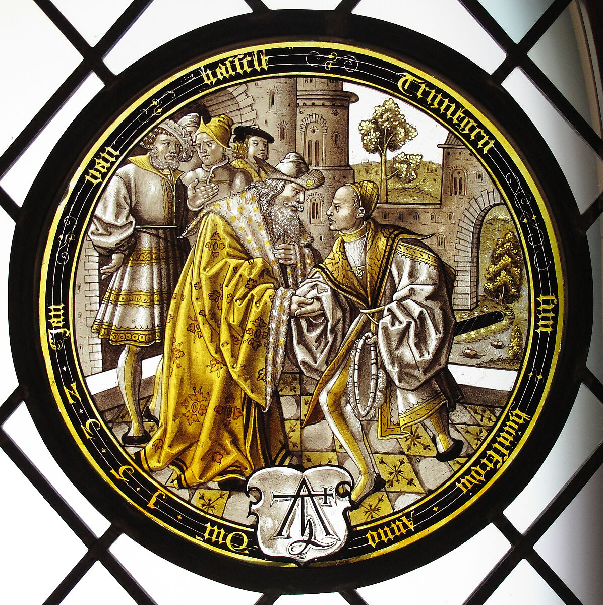 The Prodigal Bids Farewell (one of eight scenes from the story of the Prodigal Son), Colorless glass, vitreous paint and silver stain, German