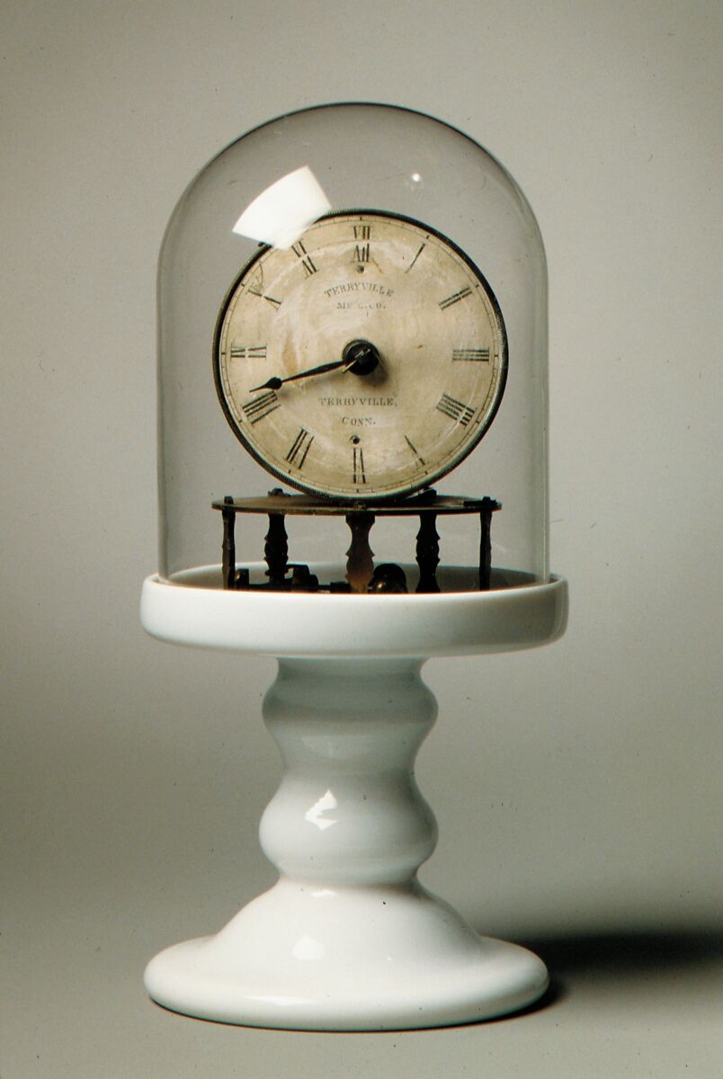 Clock, Brass, free-blown colorless and opaque white glass, American 