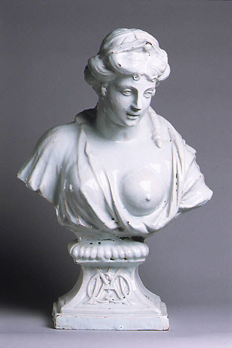 Bust of Cleopatra (one of a pair), Tin-glazed earthenware, French, Rouen 