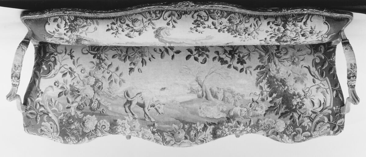 Sofa, Tapestry woven at Aubusson (Manufacture Royale, est. 1665: Manufacture, ca. 1812–present day), Carved and painted walnut; Aubusson tapestry of wool and silk, French