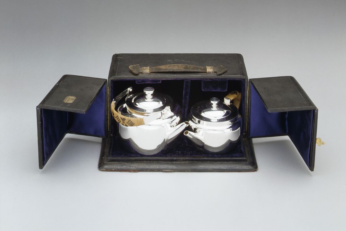 Traveling tea set, Christopher Dresser (British, Glasgow, Scotland 1834–1904 Mulhouse), Gilt and silver-plated brass; split bamboo; leather covered wood with velvet on the underside and glazed cotton linings, British, Birmingham