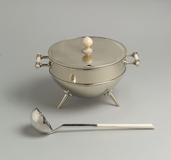 Tureen and ladle, Christopher Dresser (British, Glasgow, Scotland 1834–1904 Mulhouse), Electroplate (silver on yellow metal); ivory, British, Birmingham 