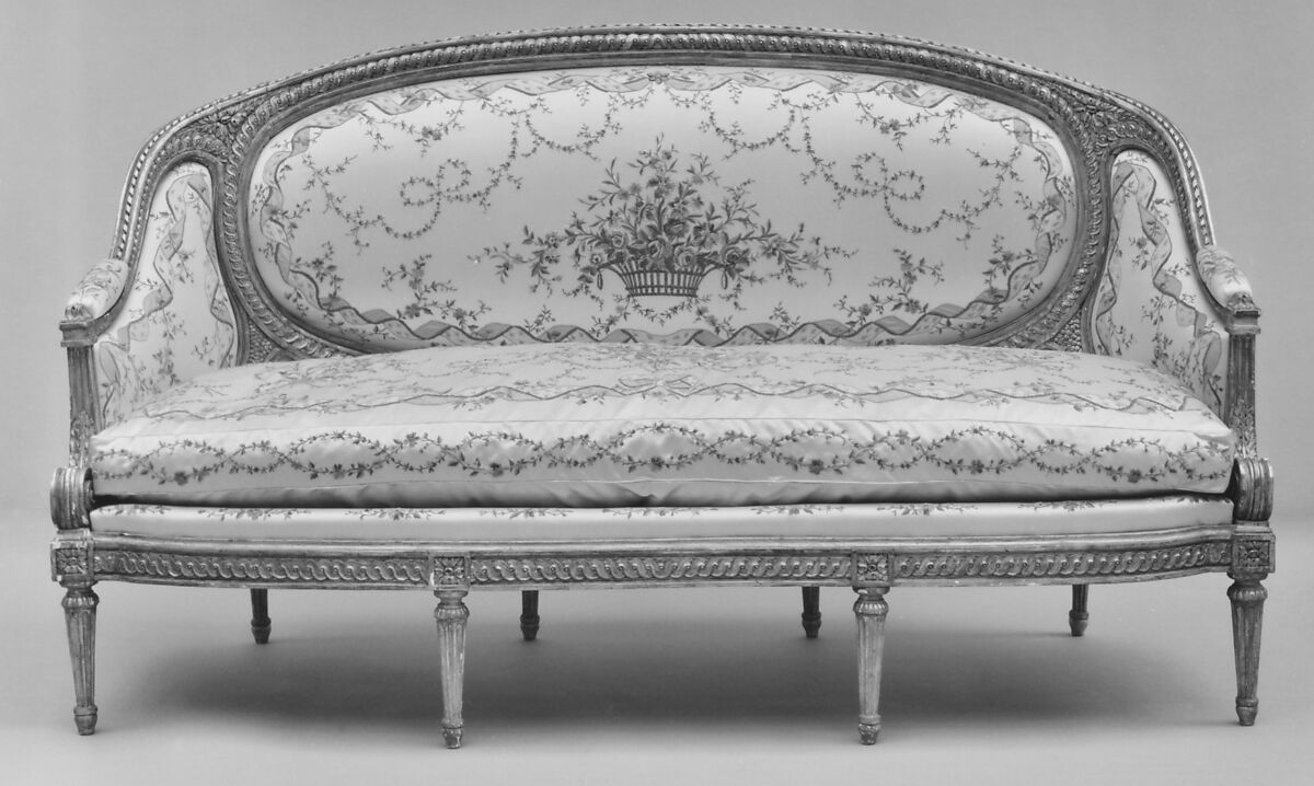 Sofa (Canapé) (part of a set), Sulpice Brizard (ca. 1735–after 1798, master 1762), Carved and gilded mahogany, modern silk damask, French, Paris