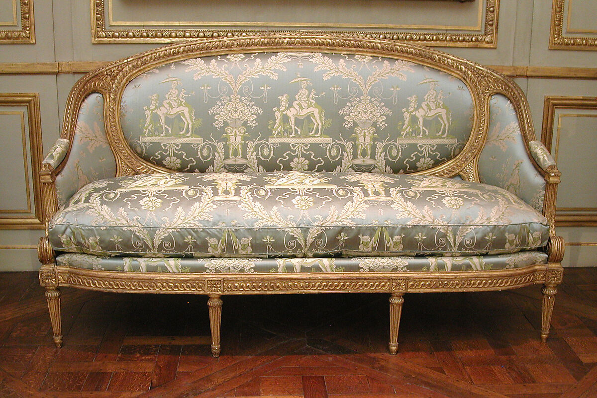 Sofa (Canapé) (part of a set), Sulpice Brizard (ca. 1735–after 1798, master 1762), Carved and gilded mahogany, modern silk damask, French, Paris 